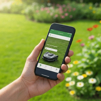 Ręka trzymająca smartfon z aplikacją do sterowania robotem koszącym